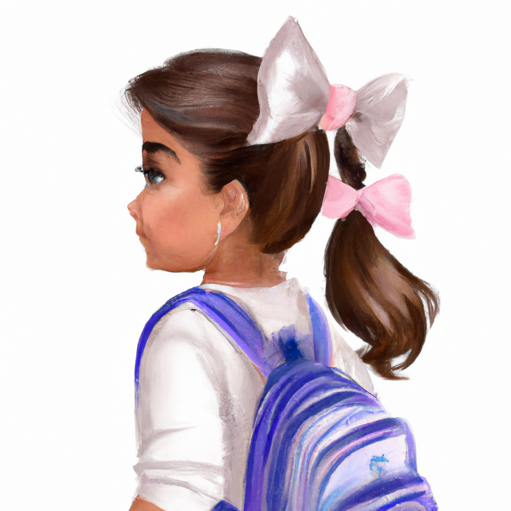 a little girl, front of a school, wearing a school backpack, wearing a beautiful hair bow, 4k